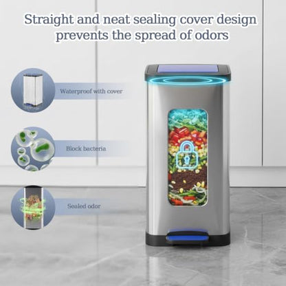 3 Compartment Pedal Recycling Bin Set, 45 L (3 × 15 L) Soft-Close Trash Can with Lids, Color Coded Step-On Stainless Steel Recycling Bins for Kitchen & Home