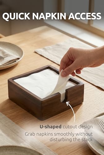 DEMIGO Acacia Wood Cocktail Napkin Holder 5.4 in, Square Bar Napkin Tray - size: 5.4x5.4x1.5 Inch Cocktail Napkin Holder