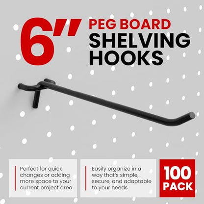 FactorDuty 6" Length Steel Black PEG Board Pegboard Shelving Hooks Wholesale Lot 20 lbs PEG Hooks Organizer Tools for Craft Storage, Garage, Kitchen, Tools and More - size: 6" - 100 Pack