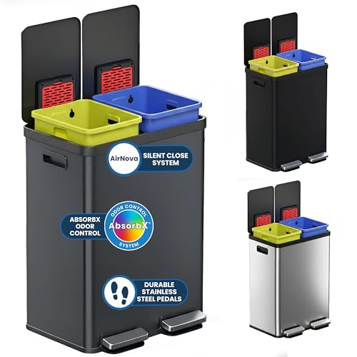 iTouchless 2x8 Gallon Dual Step Recycle Trash Can with Lid | 2X Odor Filter - color: Gunmetal Gray, 16 Gal