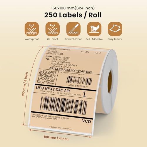 Khaki Thermal Labels 4 × 6 Inch Waterproof Vinyl Stickers 250 PCS - color: Khaki