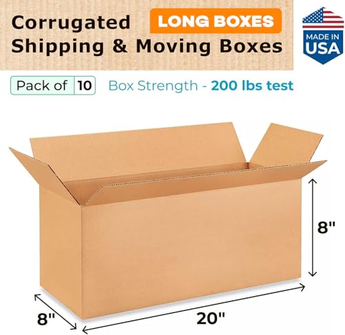 Long Shipping & Moving Boxes 20x8x8 inches (10-Pack) - USA-Made - size: 20 * 8 * 8" (Long Boxes)