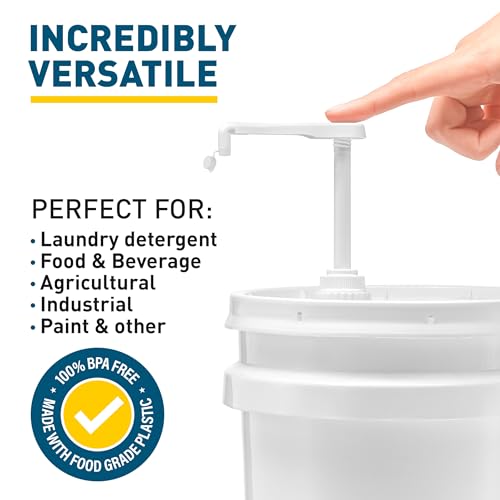 Heavy-Duty 5-Gallon Bucket Pump Dispenser with Leak-Proof Cap – Compatible with Oil, Laundry Soap, Detergent, Fabric Softener, Degreasers, and More. Making it Ideal for Commercial and Household