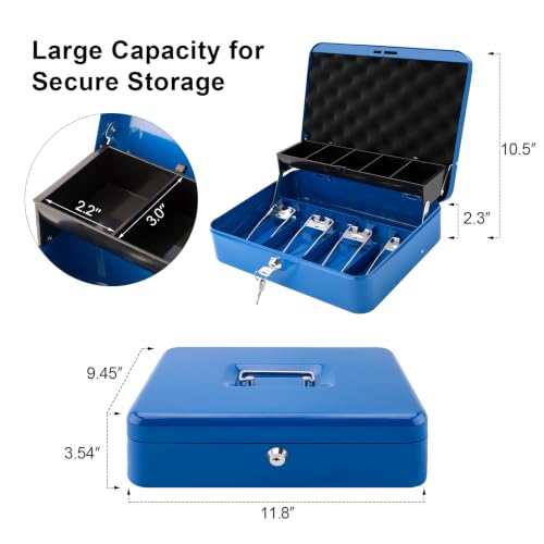 Jssmst Metal Cash Box with Money Tray and Lock, Portable Cash Drawer, 11.8" - color: Blue Key