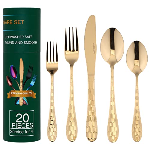20 Piece Silverware Set for 4, Hammered Silverware Set 18/10 Stainless Steel Tableware Cutlery Flatware Spoons and Forks Set for Home Kitchen Restaurant, Unique Utensils Set Dishwasher Safe (Gold) - color: Gold