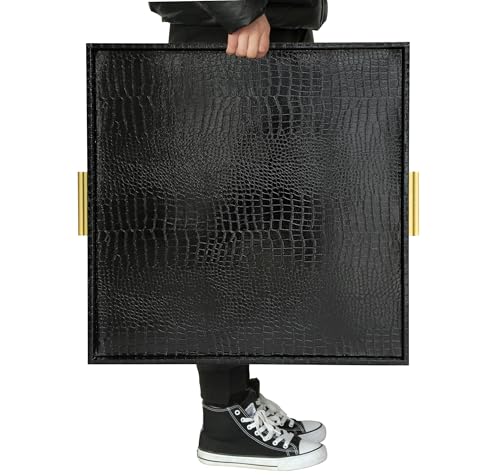 HofferRuffer Extra Large Square Serving Tray, Elegant Faux Leather Ottoman Tray with Gold Hardware Handles, Serve Tea, Coffee or Breakfast in Bed, 24 x 24 inches (Black Croco) - color: Black Croco, size: 24" x 24" x 2"