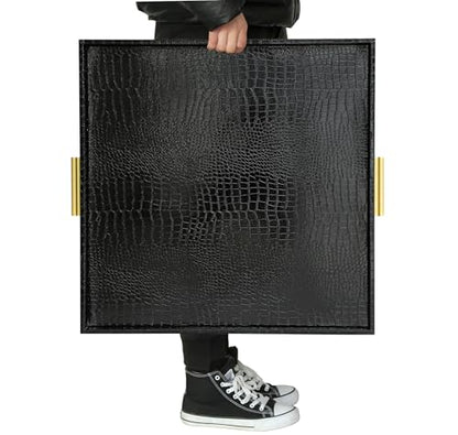HofferRuffer Extra Large Square Serving Tray, Elegant Faux Leather Ottoman Tray with Gold Hardware Handles, Serve Tea, Coffee or Breakfast in Bed, 24 x 24 inches (Black Croco) - color: Black Croco, size: 24" x 24" x 2"