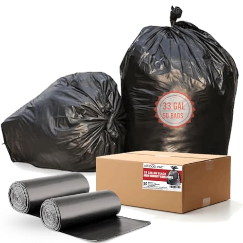 BEIDOU-PAC 33 Gallon Trash Bags, 50 Count, Black Garbage bags, Multi-purpose Trash Can Bin Liners for Home Commercial, Outdoor, Construction, Industrial, Janitorial, Municipal, Lawn, Leaf - style: 33 Gallon |12 Micron |50 Count