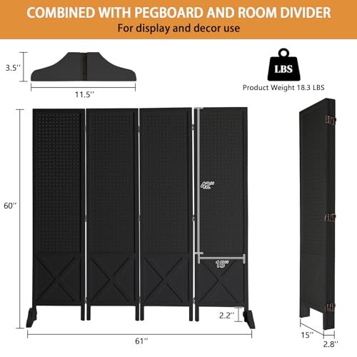 VINGLI Freestanding Pegboard with Support Feet, 5 FT Wood Room Divider Display Board Organizer, Folding Privacy Screen Partition Space Separator for Craft Shows Events Retail (Black, 4 Panel) - color: Black, size: 4 Panel