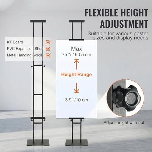 Poster Stand, Adjustable Height Up to 75", Double-Sided Heavy Duty Pedestal Sign Holder, Floor Standing Sign Holder Banner Stand with Shock-absorbing Base for Display, for Board and Foam, Black