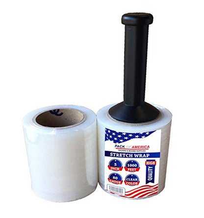 Pack of America Mini Stretch Film - 2 Rolls with Handle, 5” x 1000 Feet, 80 Gauge (20 Micron) Industrial Heavy Duty Plastic Shrink Wrap and Dispenser for Packing, Shipping, Pallet, Moving Supplies