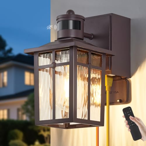 Porch Light with GFCI Outlet with Remote,Dusk to Dawn Motion Sensor Outdoor Light,Upgraded 4 Lighting Modes Brown Front Door Light,Waterproof Outside Lights for House Patio Garage Entryway, 1 Pack - color: Brown (with Remote) 1-Pack