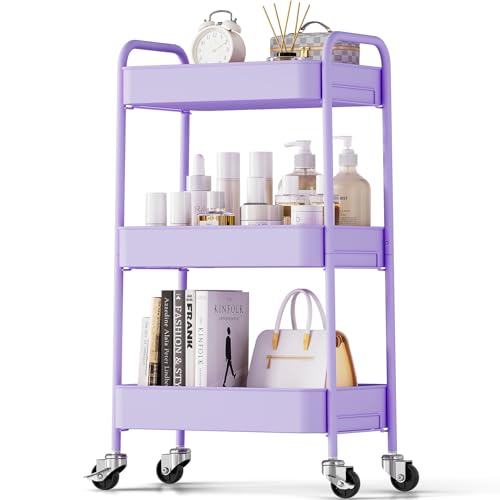 TOOLF 3 Tier Metal Rolling Cart, Utility Storage Cart with Wheels, Purple - color: Purple, size: 3-Tier
