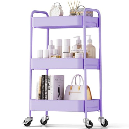 TOOLF 3 Tier Metal Rolling Cart, Utility Storage Cart with Wheels, Purple - color: Purple, size: 3-Tier