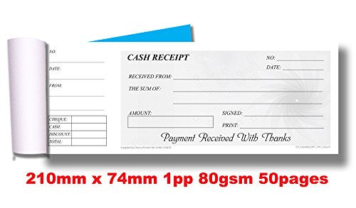 Cherry Cash Receipt Book - Check Book Style with Convenient Stub for Reference (8.26 x 2.91 Inches) 50 pages