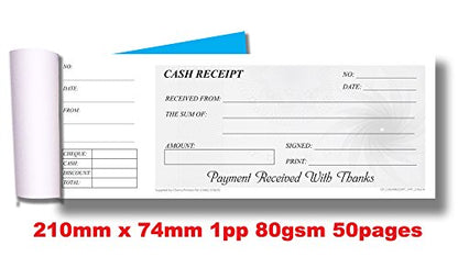 Cherry Cash Receipt Book - Check Book Style with Convenient Stub for Reference (8.26 x 2.91 Inches) 50 pages