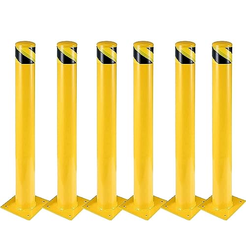Safety Bollard 6 Packs, 42 Inch Height Bollard Post, 4.5 Inch Diameter, Yellow Safety Steel Bollard Post with 8 Anchor Bolts, for Traffic Control, Driveway Barrier, Parking Pole - size: 42 inch