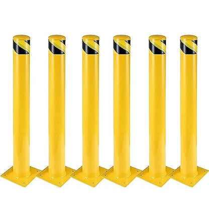 PioneerWorks Safety Bollard 6 Packs, 36 Inch Height Bollard Post, 4.5 Inch Diameter, Yellow Safety Steel Bollard Post with 8 Anchor Bolts, for Traffic Control, Driveway Barrier, Parking Pole - size: 36 inch