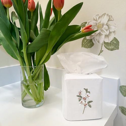 Jacaranda Living Square Tissue Box Cover, Linen/Cotton Fabric Tissue Holder, Decorative Cloth Tissue Cube Cover, Botanical Designs, Apple Blossom (White) - color: Apple Blossom (White)