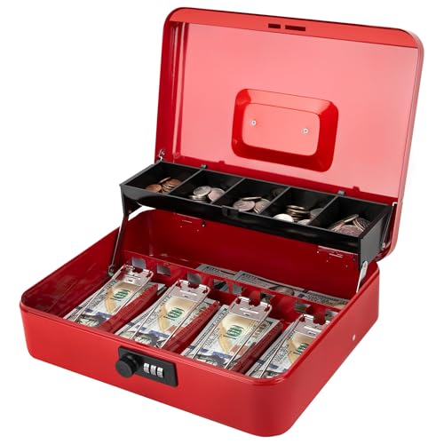 Jssmst Metal Cash Box with Money Tray and Lock, Portable Cash Drawer, 11.8" - color: Red Code-A