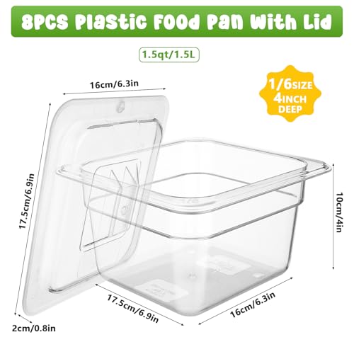 8 Set 1/6 Size Plastic Clear Food Pans with Lids for Kitchen Restaurant