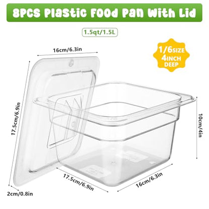8 Set 1/6 Size Plastic Clear Food Pans with Lids for Kitchen Restaurant
