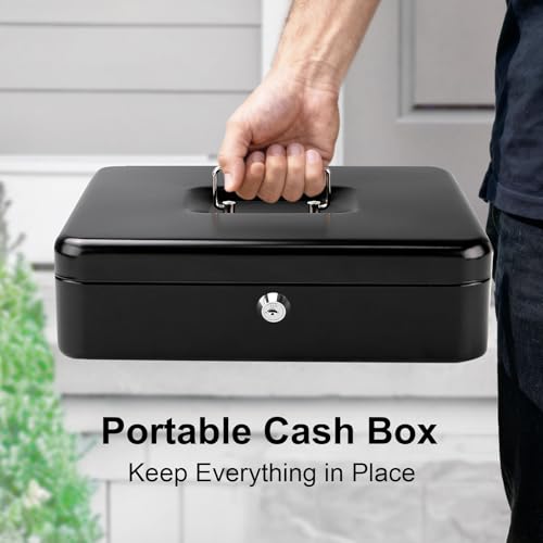 Jssmst Cash Box with Key Lock - 1mm Thick Metal Money Box for Garage Sales, Yard Sales and Petty Cash, Portable Cash Drawer with Coin Tray & Spill-Proof Foam Coin Cover, 4 No-Pinch Bill Clips,11.8'' - color: Black Key