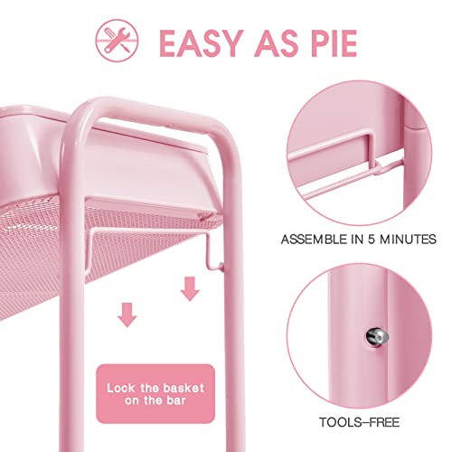 TOOLF 3 Tier Metal Rolling Cart, Utility Storage Cart with Wheels, Pink - color: Pink, size: 3-Tier