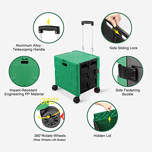 FELICON Folding Utility Cart Rolling Crate Handcart Basket-Dark Green+Black - color: Dark Green & Black, size: FW548-Hidden Lid