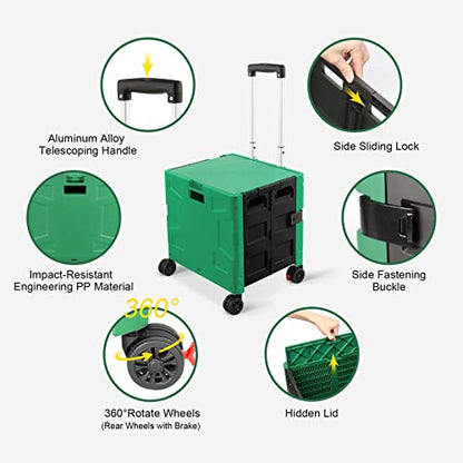 FELICON Folding Utility Cart Rolling Crate Handcart Basket-Dark Green+Black - color: Dark Green & Black, size: FW548-Hidden Lid