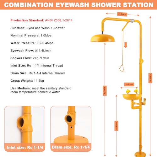 Eyewash Shower Station OSHA-Approved - Emergency Safety Eye Wash and Shower Combination Kit First Aid Eyewash Station