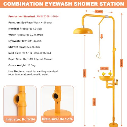 Eyewash Shower Station OSHA-Approved - Emergency Safety Eye Wash and Shower Combination Kit First Aid Eyewash Station