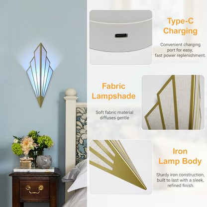 Modern Battery Operated Wall Sconces Set of Two, Simple Creative Wall Lamp Art Deco Lighting Fixture with Remote Control, RGB Dimmable Led Wall Light for Bedside Bedroom Living Room (Gold) - color: Gold