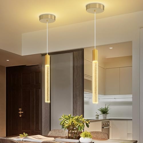 Modern Gold Crystal Column Pendant Light, Dimmable LED Chandelier, Adjustable Hanging Pendant Lighting for Kitchen Island - color: Gold, size: 1-Light