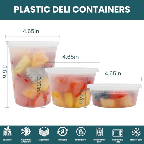 Deli Containers with Lids 48 Sets- Disposable Soup Containers 8oz, 16oz, 32oz - Plastic Containers with Lids, Food Container Leakproof, BPA Free/Microwave/Freezer/Dishwasher Safe - size: 8/16/32oz-48pc