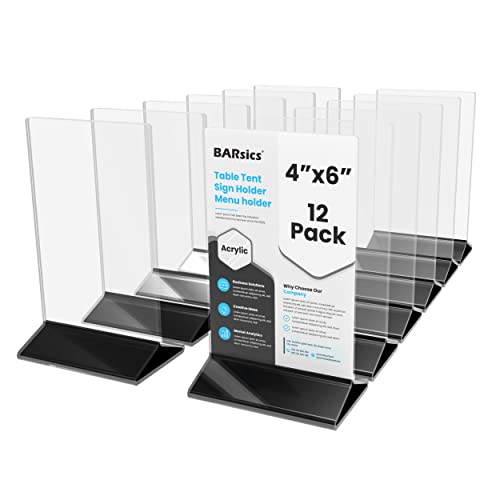 BARsics 4x6 Sturdy Table Tent Menu Holder, Commercial 2-Sided Acrylic Sign Holder (12-Pack)