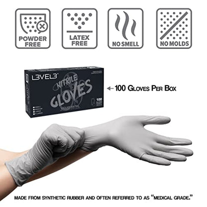 L3 Level 3 Nitrile Gloves - Professional Heavy Duty Disposable Gloves - Latex Free - Fits Snug - Box of 100 - color: Silver, size: Large (Pack of 100)