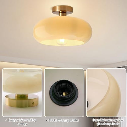 Brass Flush Mount Ceiling Light Mid Century Modern Ceiling Light fixtures Brushed Gold Milk Yellow Glass Semi Flush Mount Ceiling Light Farmhouse Hallway Dining Room Ceiling Lamp - color: Flush-Milk Yellow