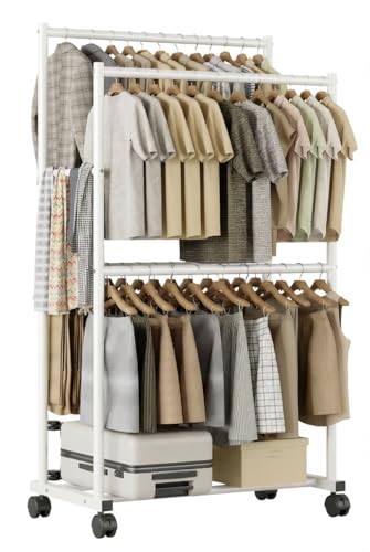 Clothes Rack 36.2" x 21.3" x 72", 4-Bar Double Rod Rolling Metal Clothing Rack for Hanging Clothes, Portable Garment Rack with Wheels for Bedroom Laundry, Closet Wardrobe, White - color: White, size: 36.2" x 21.3" x 72"
