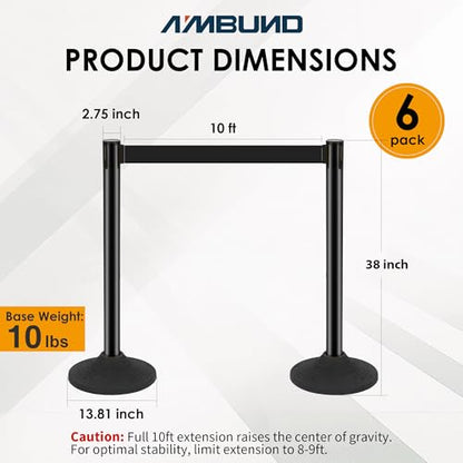 6 Pack Stanchions with Retractable Belts - Heavy Duty Crowd Control Barriers with Weighted Rubber Base, Retractable Belt Stanchions for Queue Line, Events, Public Safety(Black，6 Pack） - color: Black - 6 Pack, style: Round Base