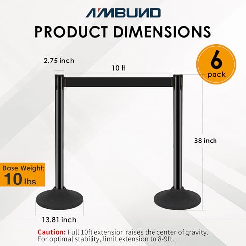 6 Pack Stanchions with Retractable Belts - Heavy Duty Crowd Control Barriers with Weighted Rubber Base, Retractable Belt Stanchions for Queue Line, Events, Public Safety(Black，6 Pack） - color: Black - 6 Pack, style: Round Base