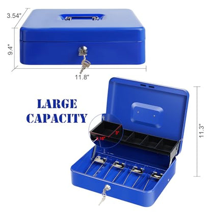 Cash Box with Lock Key and Money Tray, Large Money Box for Cash Register - color: Blue