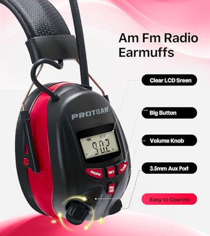 Digital AM/FM Radio Hearing Protection Earmuffs, 25 dB NRR - color: Am Fm Radio + Red