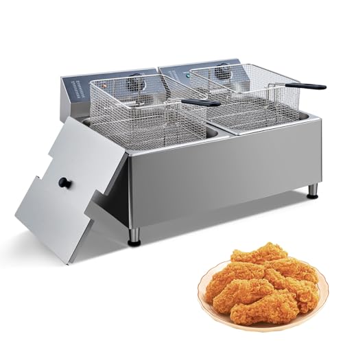 Commercial Electric Deep Fryer, 11L(11.55Qt) Double Removable Basket and Lid Stainless Steel Fast Heat Up Electric Countertop Fryer for Home and Commercial Restaurant Use, 304SS - size: 11L+11L 304