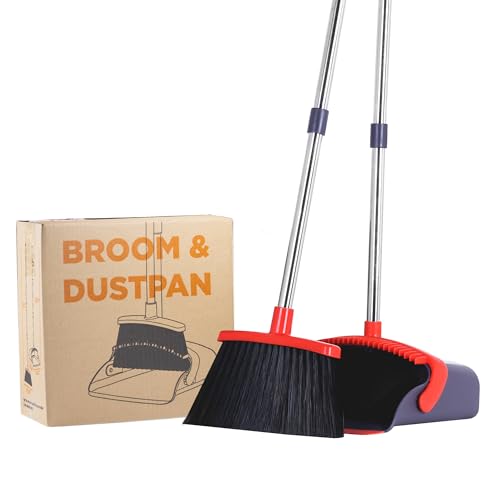 Broom and Dustpan Set 52-in Long Adjustable Handle Broom Dustpan Combo - color: Purple&red