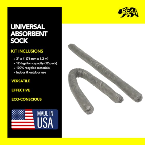 Spill Control Absorbent Sock, for Cleanup of Non-Aggressive Oil & Water Based Fluids, Indoor/Outdoor Use, 3" x 4', 12.6 Gallon Maximum Absorption Capacity (12-Pack) - Made in USA