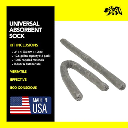 Spill Control Absorbent Sock, for Cleanup of Non-Aggressive Oil & Water Based Fluids, Indoor/Outdoor Use, 3" x 4', 12.6 Gallon Maximum Absorption Capacity (12-Pack) - Made in USA