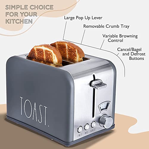 Rae Dunn Toaster, Stainless Steel 2 Slice Square Toaster, Wide Slot with 5 Browning Levels, with Bagel, Defrost and Cancel Options (Grey) - color: Grey