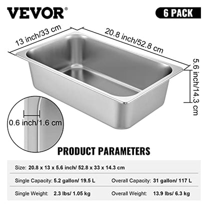 VEVOR 6 Pack Hotel Pans, Full Size 6-Inch, Stainless Steel Steam Table Pans，Anti-Jam Catering Trays for Steam Tables, for Home, Party, Restaurant, Hotel, Buffet - size: 1/1 Size, style: 6 inch Deep 6 Pack