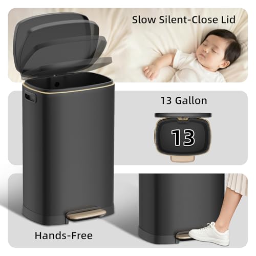 13 Gallon Stainless Steel Trash Can, 50L, Rectangular, Soft-Close Lid, Fingerproof Finish, Hands-Free Operation, Odor Protection,Black - color: Black